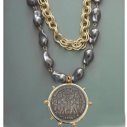 2025 chunky layer Jewelry Luxurious imitation grey pearl exaggerate coin charm pendant Clasps Carabiner Necklace...