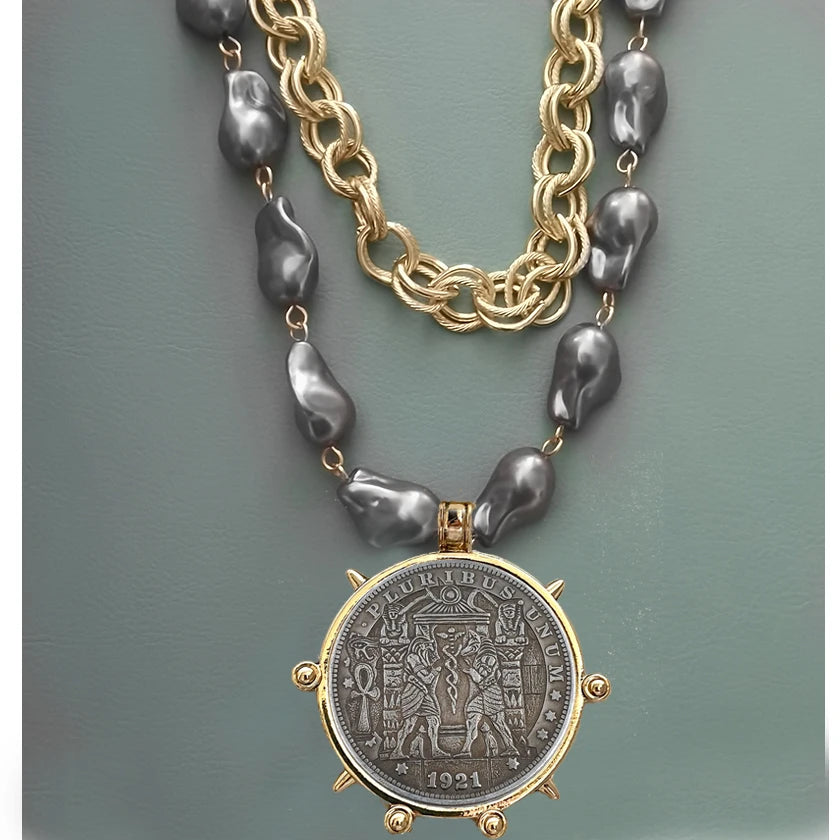 2025 chunky layer Jewelry Luxurious imitation grey pearl exaggerate coin charm pendant Clasps Carabiner Necklace...
