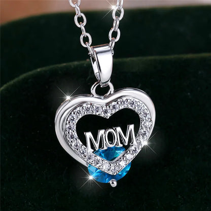 Crystal Luxury White Zircon Stone Heart Mom Letter Pendant Necklace Vintage Wedding Jewelry For Women Mother's Day Gift...
