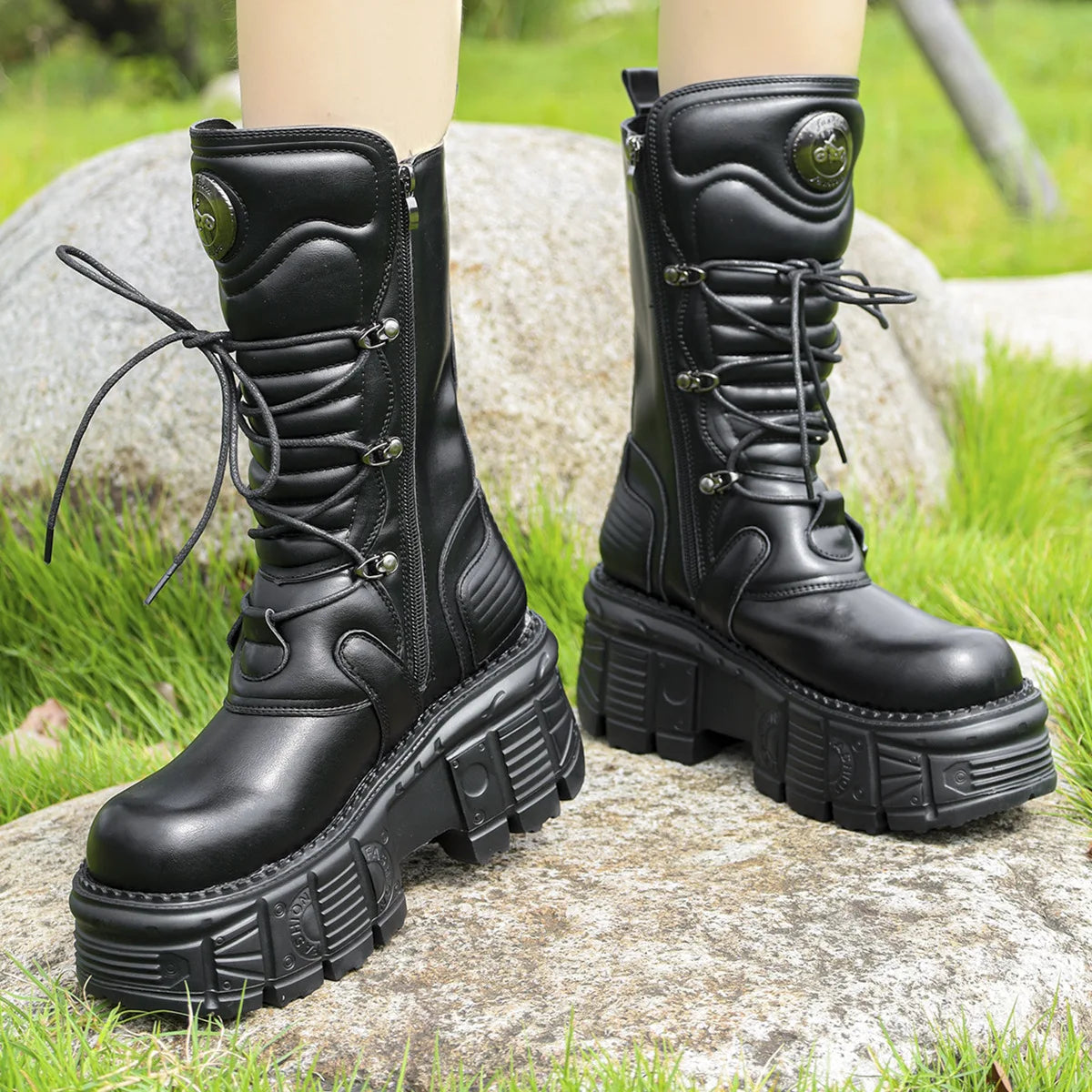 Chic Punk Platform Mid - Calf Boots | Edgy & Functional, Perfect for Bold Fashion Looks