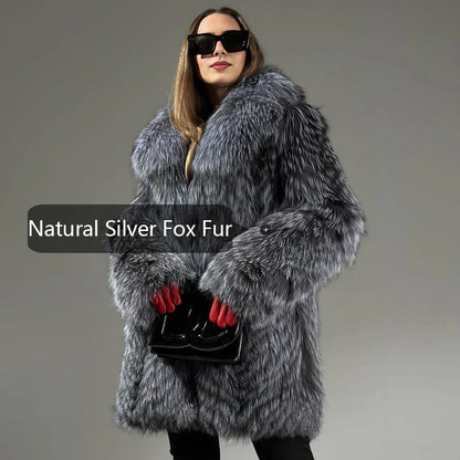 Natural Silver Fox Fur Coats With English Collar Women's Full Skin Fur Jacket Long Real Fox Fur Coat Best Seller Furry Jackets