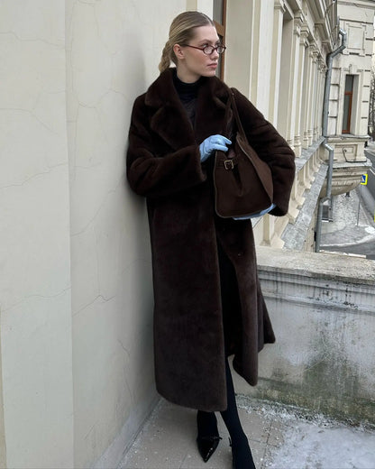 Long Coats Women Faux Fur Y2k Maxi Overcoat Lace Up Turn Down Collar Full Sleeve Thick Loose Elegant Jackets Autumn Winter 2025