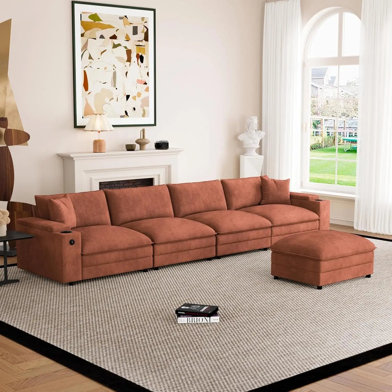 U-Shaped Sectional Sofa Ottoman Storage Armrest USB Ports Spring Cushion Solid Wood Chenille Living Room 115", Customized - Kimlud