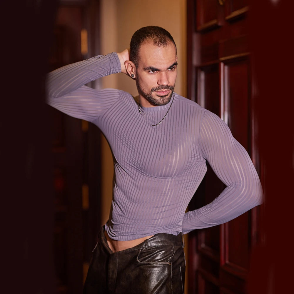Sex Men Oil Glossy Shiny Breathable T-shrits Stripe Allure Shaper Top Bottom Wear Sheer See Through Elastic Shapewear - Kimlud