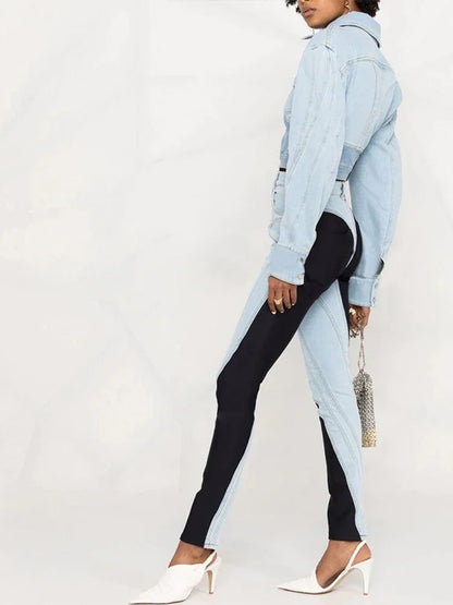 Patchwork Colorblock Women's Jeans High Waist Slim Casual Straight Denim Pencil Pants Female Fashion | Kimlud Mid Range Pants