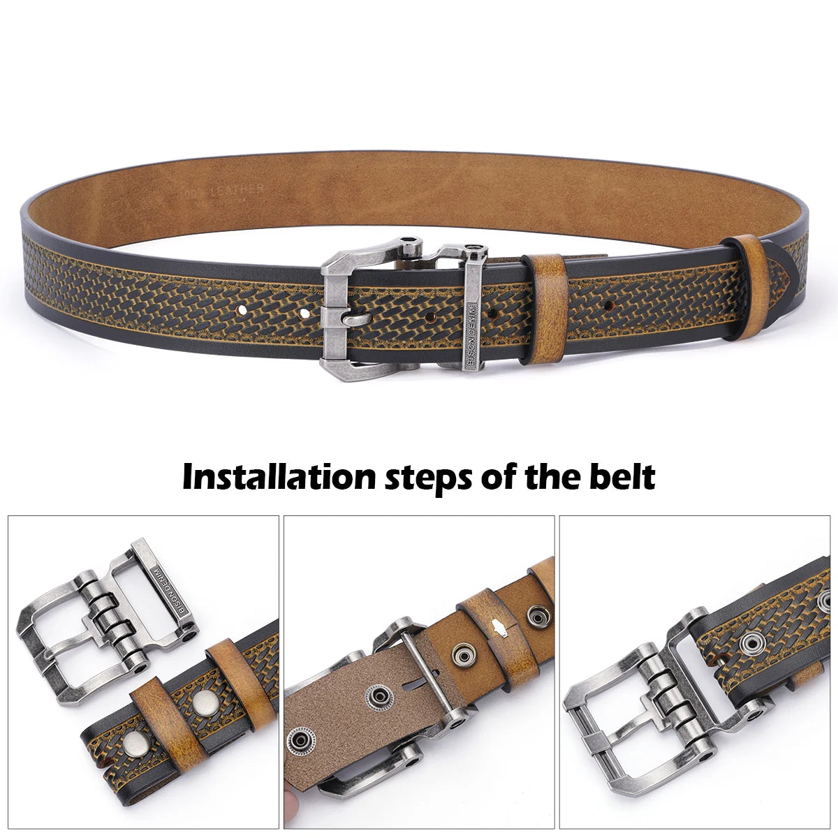 BISON DENIM Men Belts Cow Split Genuine Leather Pin Buckle Business Waist Straps Vintage Pin Buckle Fancy Male Belt For Jeans - Kimlud