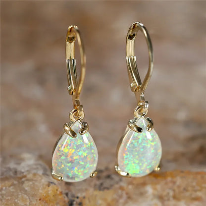 Female White Blue Fire Opal Stone Classic Gold Color Water Drop Earrings Cute Dangle Boho Jewelry For Women