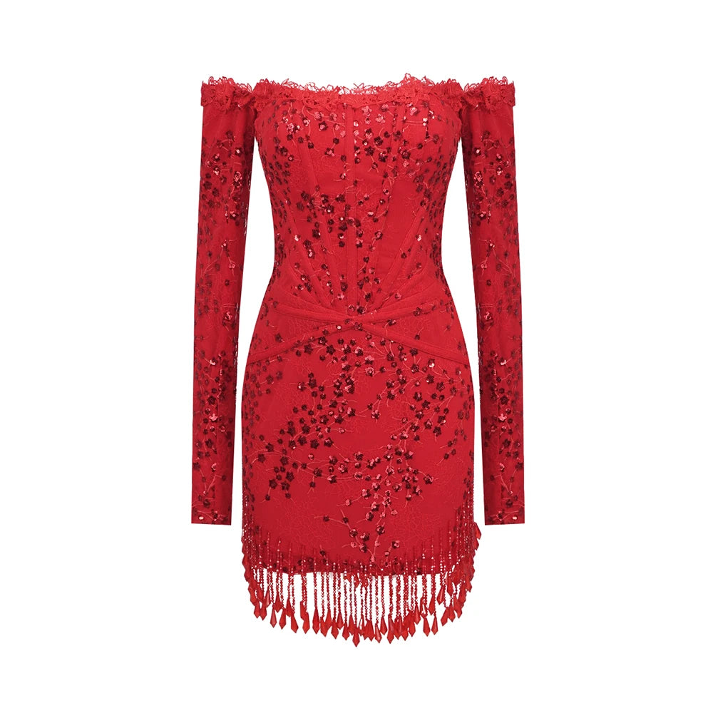 VC Women'S Sexy Luxury Dress Crystal Tassel Sequin Patchwork Lace Red Tight Mini Dress With Gloves Christmas New Year