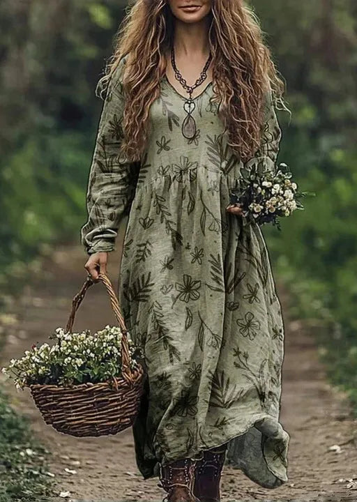 Boho Vintage Print Long Dresses For Women 2025 Casual V Neck Full Sleeve Splice High Waist Loose Dress Autumn Fashion Vestidos - Kimlud