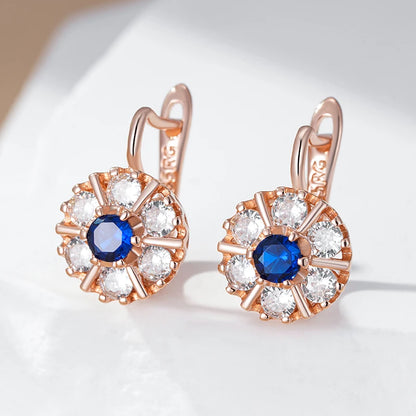 Kienl Hot 585 Rose Gold Color Flower English Earring for Women Trend Blue Natural Zircon Accessories High Quality Daily Jewelry
