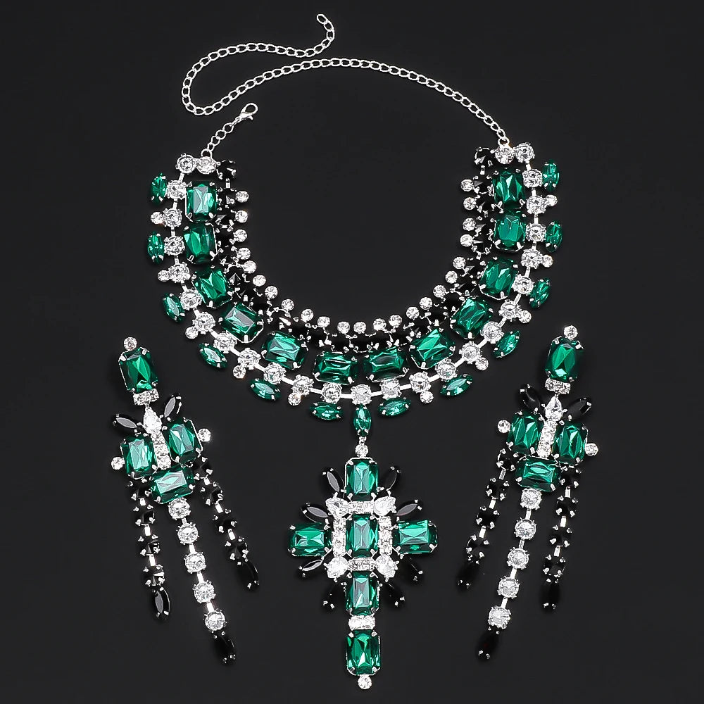 XSBODY Large Cross Pendant Choker Green Crystal Bridal Accessories Fashion Geometric Rhinestone Necklace Earrings Set Piercing
