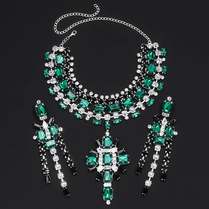 XSBODY Large Cross Pendant Choker Green Crystal Bridal Accessories Fashion Geometric Rhinestone Necklace Earrings Set Piercing