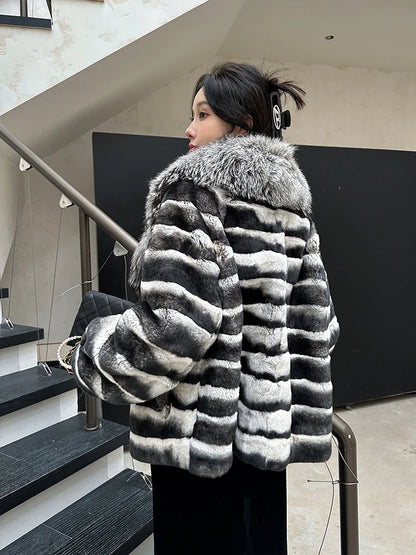 Winter Women Real Rex Rabbit Fur Coat 100% Natural Fur Jacket with Large Silver Fox Fur Collar Luxury Streetwear