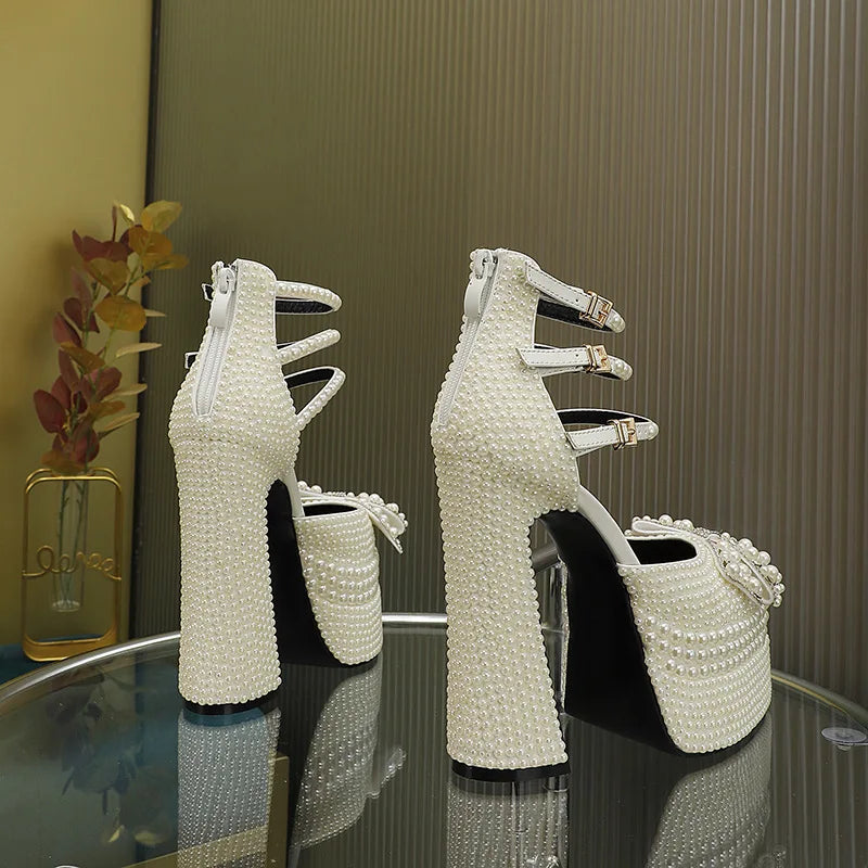 Luxury Handmade Full Pearls Rhinestones Bowknot Women Pumps Fashion Ankle Strap Platform Wedges High heels Banquet Wedding Shoes