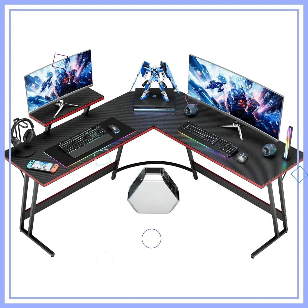 L-Shaped Gaming Desk with Monitor Stand, Large Corner Table for Home Office and Gaming (Black, 51 Inch)