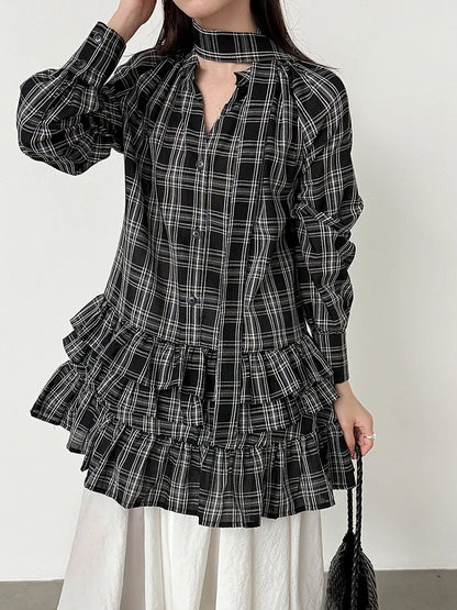[EAM] Women Black Plaid Ruffles Big Size Elegant Blouse New V-neck Long Sleeve Shirt Fashion Tide Spring Autumn 2026...