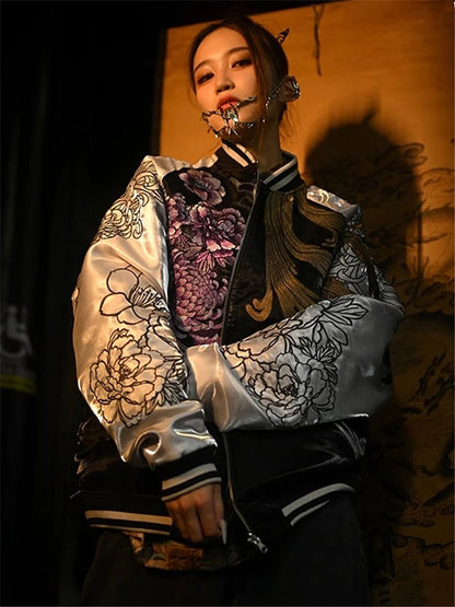 2024 Dragon Peony Chrysanthemum Phoenix Suzaku Embroidered Original Yokosuka Sukajan Souvenir Jackets High Street Men Boys Loose - Kimlud