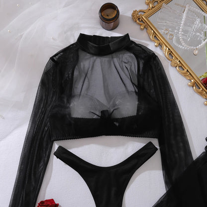 Ellolace Seductive Sexy Lingerie See Through Long Sleeve Top Brief 2PC Set with Stockings Intimate Ultra Hot Party Night Outfit