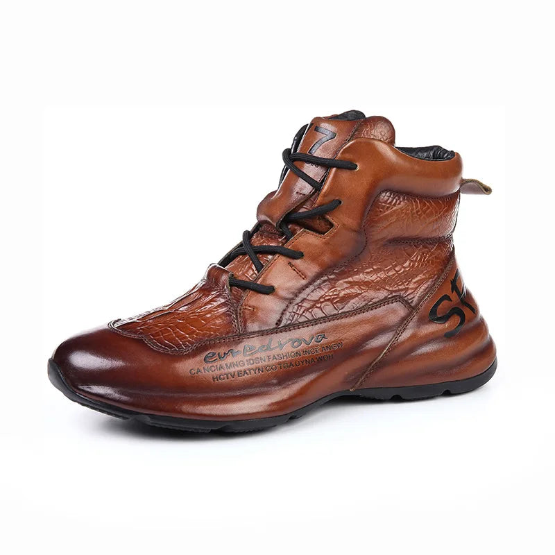 Genuine Leather Winter Boots For Men Crocodile Leather Casual Fleece Warm Shoes Motorcycle Punk Botas Male Loafer Hombre KK419