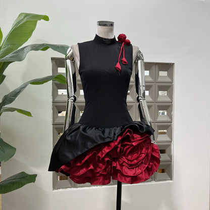 Women's Sweet Round Neck Sleeveless Slim Waist Short Mini Dress French Retro 3D Rose Birthday Dress Spicy Girl Floral Bud Dress