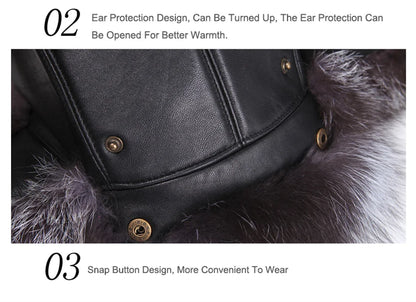 New Winter Men's 100% Real Silver Fox Fur Bomber Hat Raccoon Fur Ushanka Cap Trapper Russian Man Ski Hats Caps Real Leather Hat