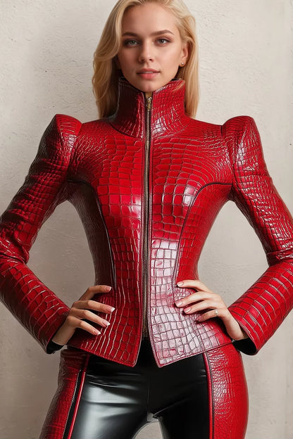 PU Leather Alligator Pattern Long Sleeve Zipper Jacket Turtleneck Slim Long Sleeve High Street Gothic Vintage Outerwear Coat