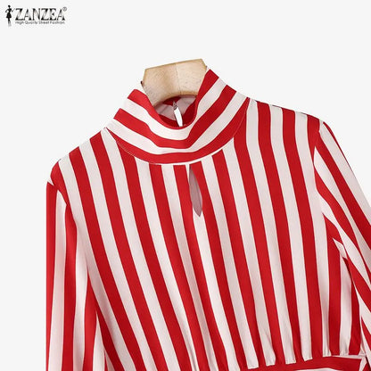 ZANZEA Women Stylish Tie Waist Striped Blouses 2025 Autumn Fashion Long Sleeve Cutout Turtleneck Tops Woman Clothing Streetwear