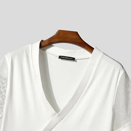 INCERUN Men T Shirt Mesh Patchwork V Neck Short Sleeve Male Tee Tops Summer Streetwear 2025 Fashion Casual Men Clothing S-5XL - Kimlud