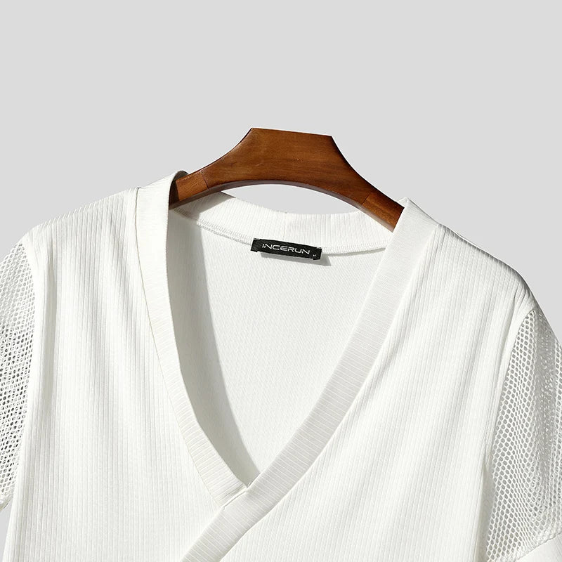 INCERUN Men T Shirt Mesh Patchwork V Neck Short Sleeve Male Tee Tops Summer Streetwear 2025 Fashion Casual Men Clothing S-5XL - Kimlud
