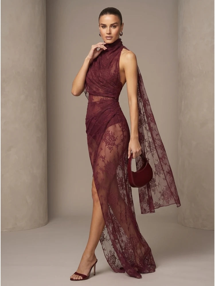 Sexy Backless High Neck See Through Lace Ruched Long Dress Women Burgundy Sleeveless Draped Slim Dresses Evening Maxi Party Gow