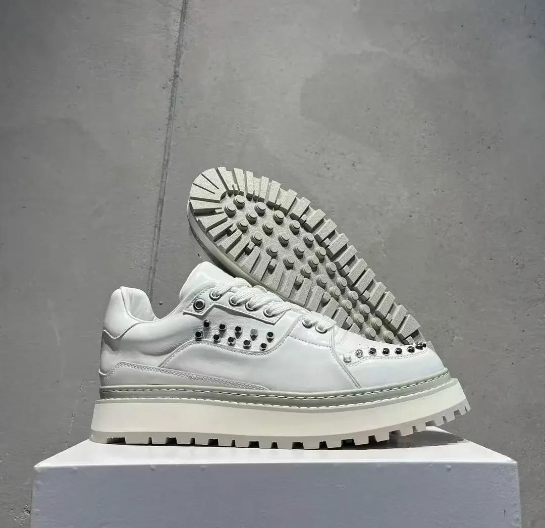 Men's Genuine Leather Casual Shoes White European Metal Rivet Design Board Shoes Thick Soled Trainers Height Increasing Sneakers
