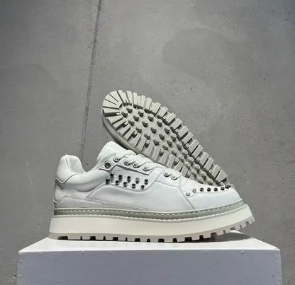 Men's Genuine Leather Casual Shoes White European Metal Rivet Design Board Shoes Thick Soled Trainers Height Increasing Sneakers