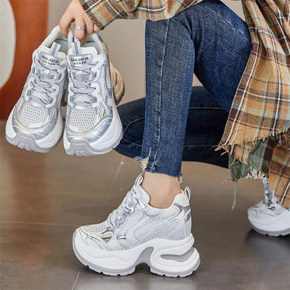 2025 12cm Synthetic Air Mesh Genuine Leather Vulcanize Chunky Sneakers Summer Autumn Leisure Spring Women Platform Wedge Pumps - Kimlud