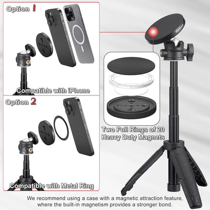 Magnetic Smartphone Tripod for MagSafe, Mini Extendable Selfie Stick 360° Ball Head Tripod Stand Handle Grip for iPhone 14 13 12