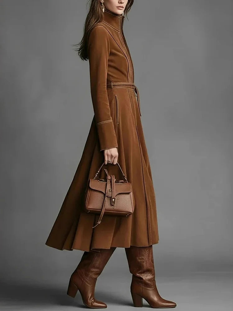 Elegant Suede Vintage Women's Dress Brown Zipper Slim Lace Up A-Line Autumn High Street Chic High Neck Long Sleeve Midi Dresses
