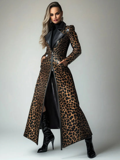 PU Leather Leopard Pattern Zipper Pocket Trench Coat