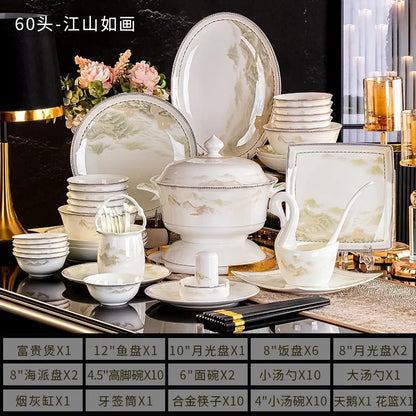 Tableware, Jingdezhen Ceramic Bowl and Dish Set, Housewarming Gift, Bone Ceramic Bowl and Plate for Household Use |...