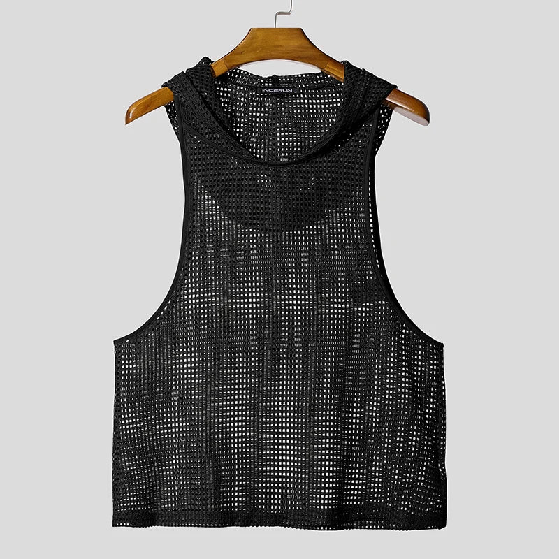 INCERUN Men Tank Tops Mesh Hollow Out Sexy See Through Hooded Sleeveless Male Vests Solid Streetwear Fashion Men Clothing S-3XL - Kimlud