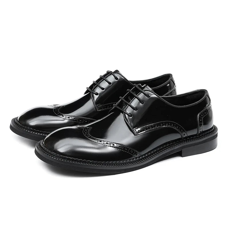 Retro Mens Dress Brogues Shoes Luxury Genuine Leather Round Toe Handmade Fashion Flat Brown Black Wedding Social Shoes Man