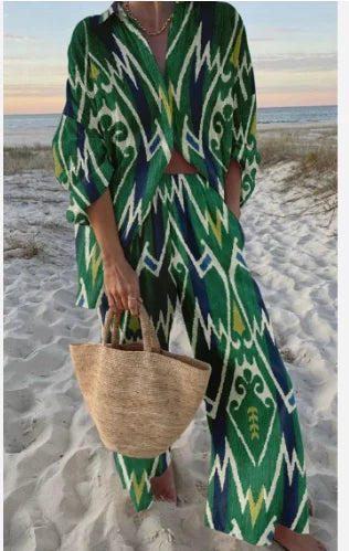 Casual Printed Two Piece Set Women Spring Summer New Fashion Comfort Holiday Button Long Sleeve Shirts And Wide Leg Pants 2 Sets