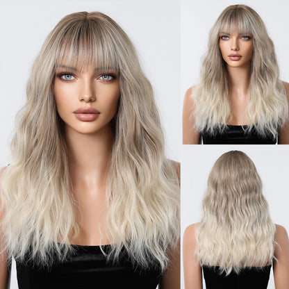 Golden Blonde Mixed Synthetic Wig Dark Root Wavy Hair With Side Bangs for Women Daily Party Cosplay wig Heat Resistant Fiber