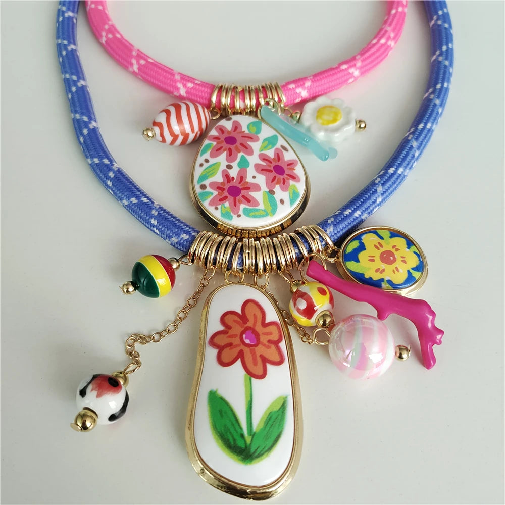Colorful Dopamine Pink Blue Cord Choker Necklace Women Indian Boho Ethnic Statement Enamel Flower Pendant Necklace lady...