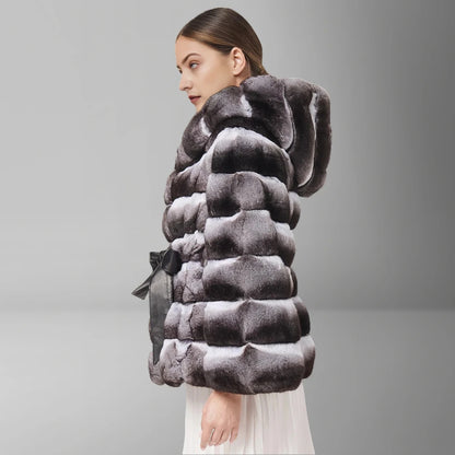 Natural Rex Rabbit Fur Jacket With Hood Women's Winter Jacket Real Rabbit Fur Coat With Belt Hot Selling Genuine Leather Jackets