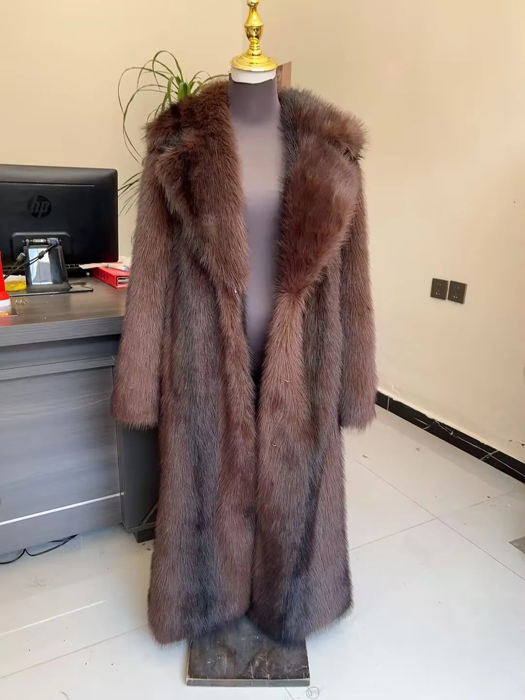 LHXDW New Style Women's Faux Fur Coat Long Waistband Design New Style with Black Imprint and Large Collar Faux Fur Jacket - Kimlud