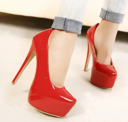 Women Pump Shoes Bridal Platform Sip-On Pointed Toe Patent Leather 15CM Thin Heels Korean Style Casual Autumn Women Shoes Black