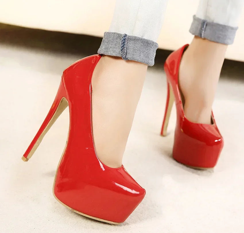 Women Pump Shoes Bridal Platform Sip-On Pointed Toe Patent Leather 15CM Thin Heels Korean Style Casual Autumn Women Shoes Black