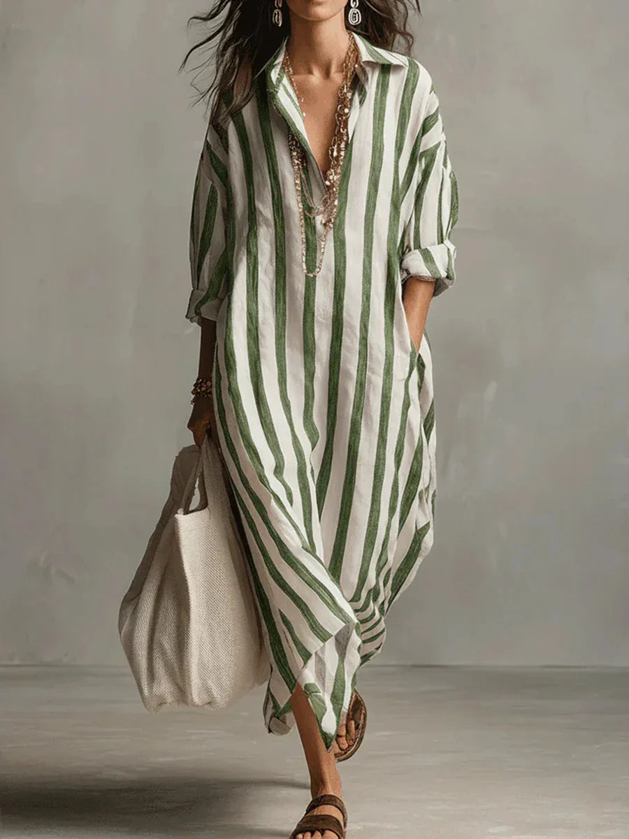 2026Spring Summer Casual Elegant Turn Down Collar Breathable Dress For Women Party Dress Boho Striped Printed Loose Beach - Kimlud
