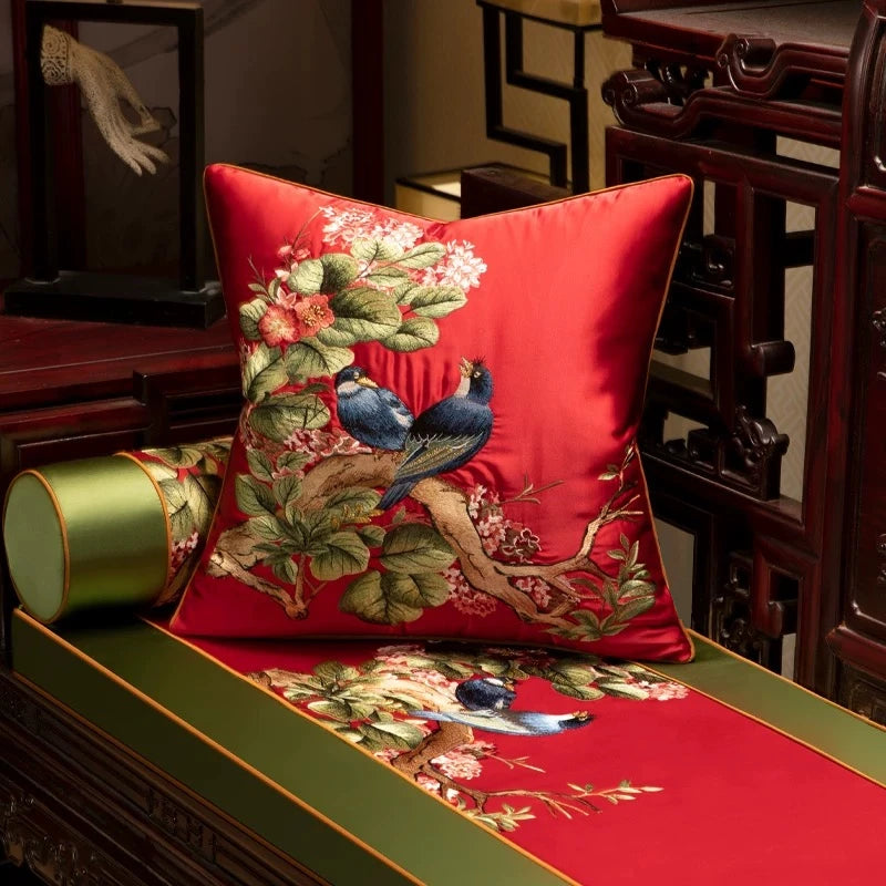 Luxurious Embroidered Silk-like 2 Magpies Square Home Sofa Decorative Pillow Case 3 Colors No Insert 18x18" 1 Piece Pack - Kimlud