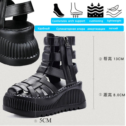 Koznoy 8cm 2025 Ethnic Weave Cow Genuine Leather Hollow Zip Summer Fashion Ankle Booties Women Chunky Heels Breathable...
