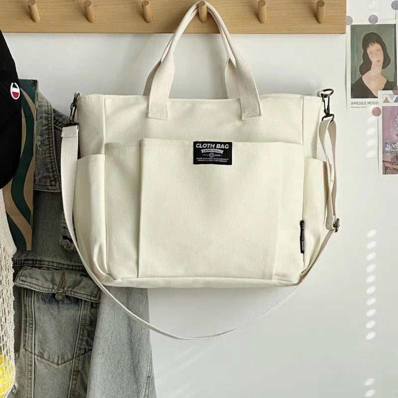 Urban Minimalist Female Student Large Capacity Commuting Horizontal Canvas Single Shoulder Diagonal Cross Portable Tote Bag - Kimlud